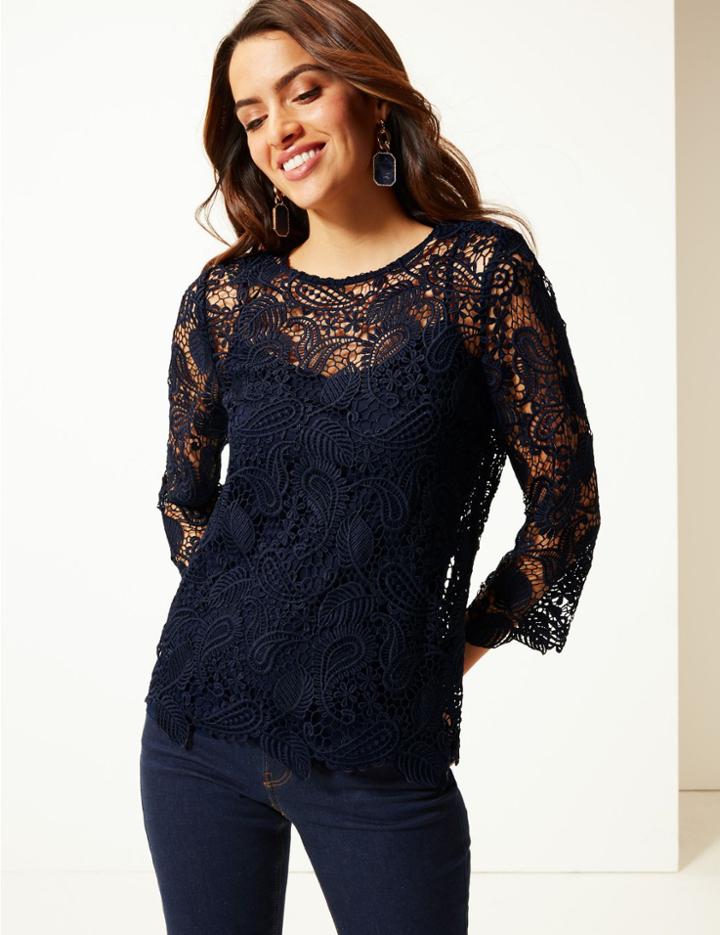 Marks & Spencer Lace Round Neck 3/4 Sleeve Blouse Dark Navy