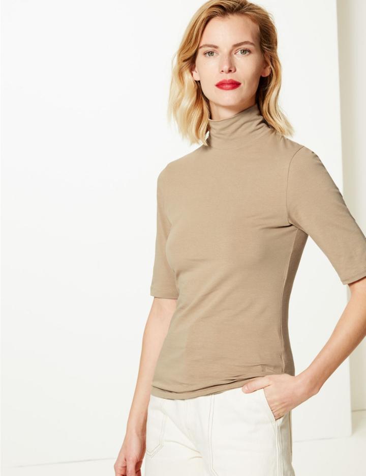 Marks & Spencer High Neck Short Sleeve Fitted T-shirt Light Buff
