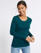 Marks & Spencer Pure Cotton Round Neck Long Sleeve T-shirt Pine Green