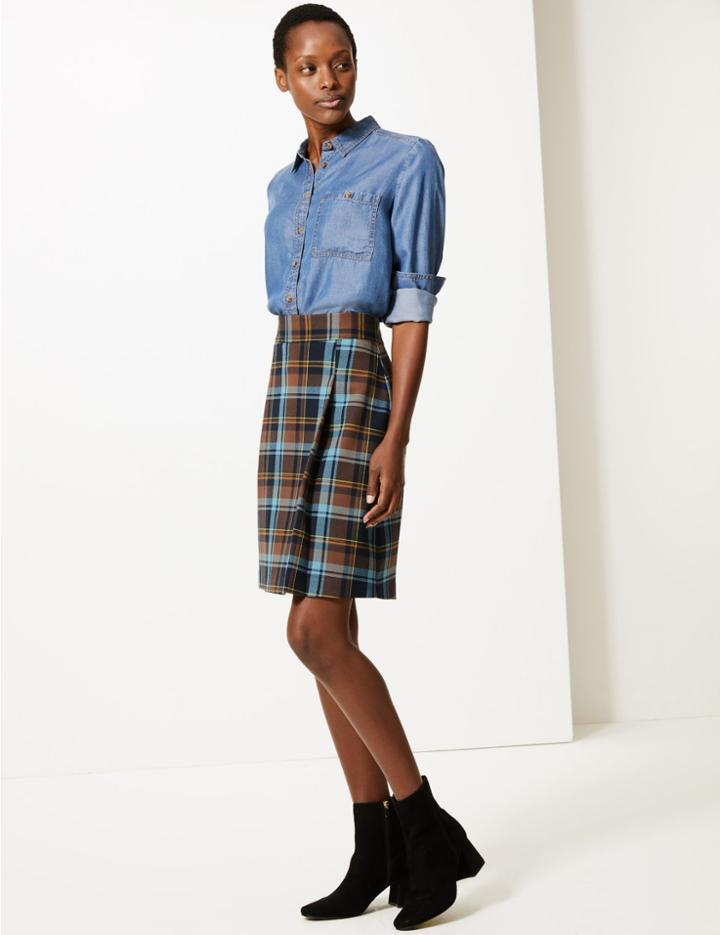 Marks & Spencer Checked Pleat Front Mini Skirt Natural Mix