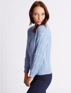 Marks & Spencer Cotton Blend Cable Knit Button Sleeve Jumper Wedgewood
