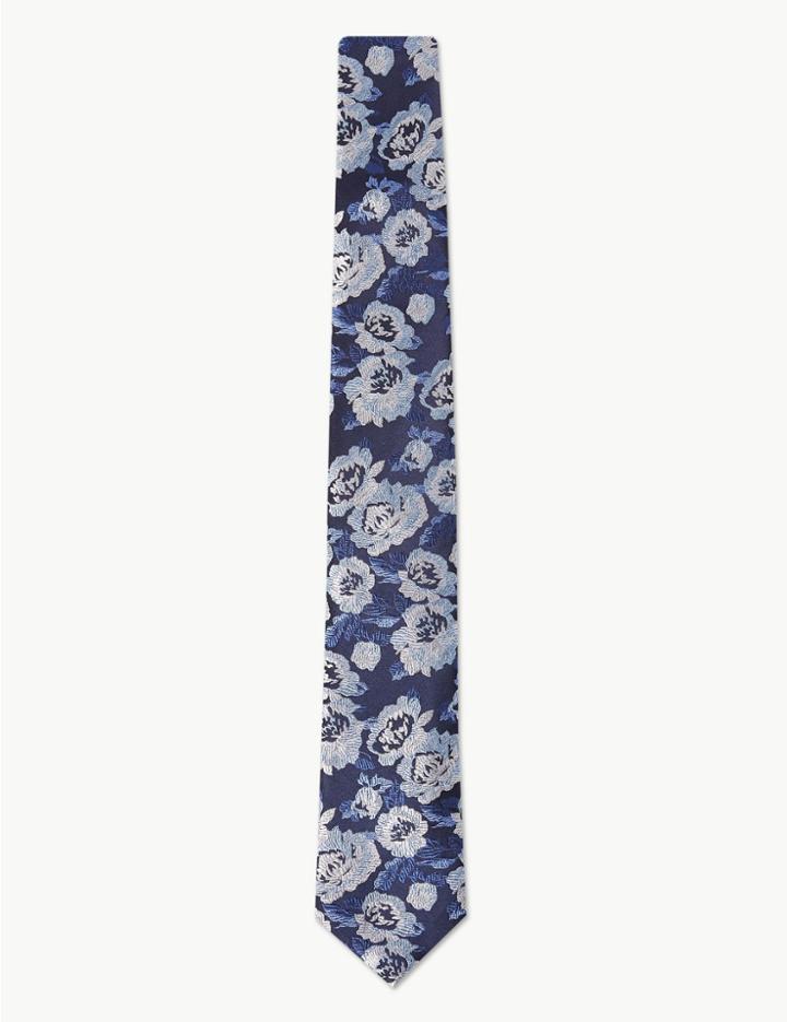Marks & Spencer Luxury Silk Classic Rose Print Tie Blue Mix