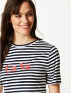 Marks & Spencer Striped Round Neck Mercerised T-shirt Navy Mix