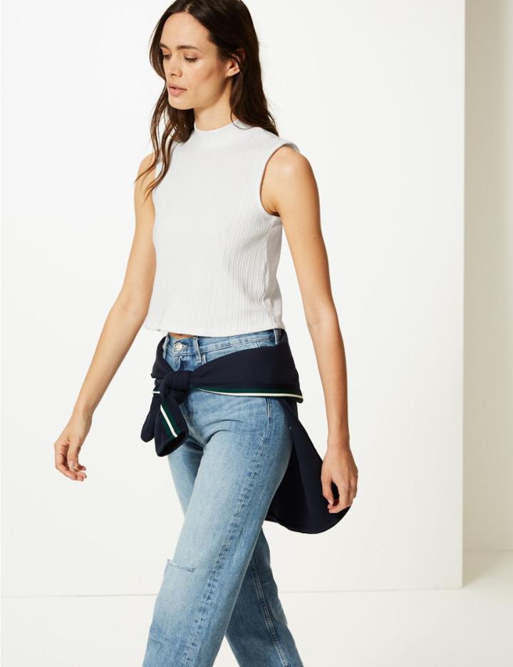 Marks & Spencer Funnel Neck Ribbed Cropped Tank Top Cream