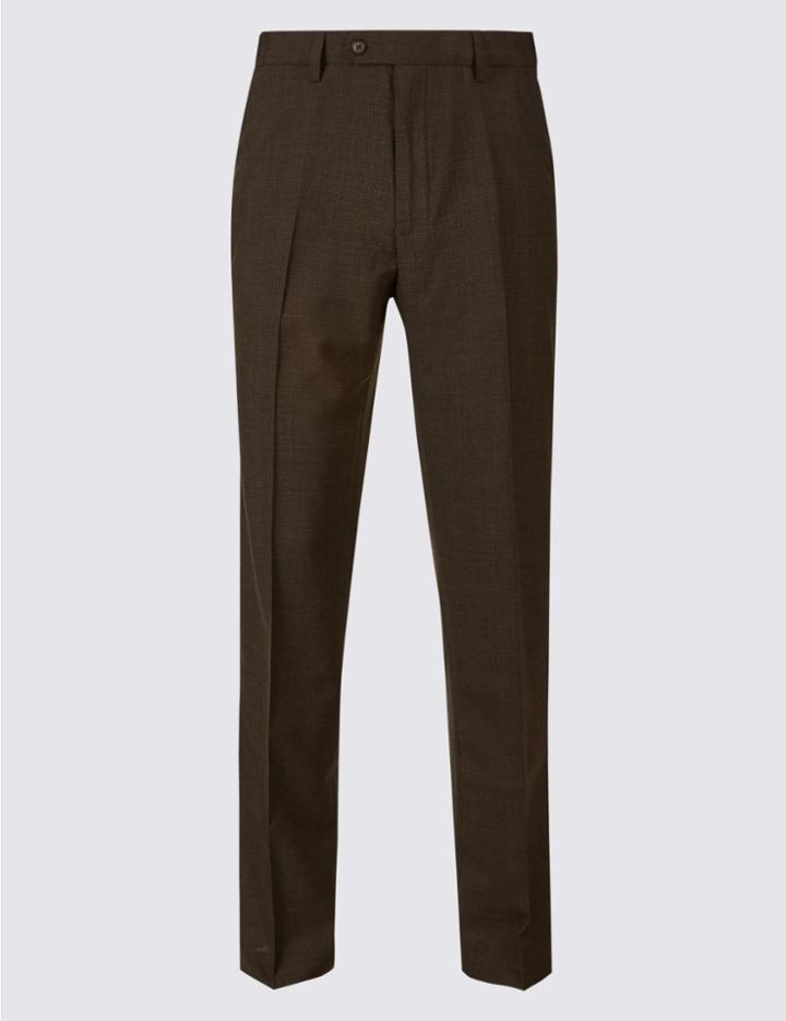 Marks & Spencer Tailored Fit Wool Blend Flat Front Trousers Brown