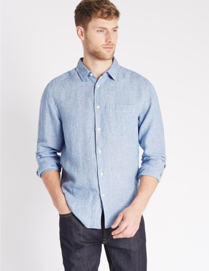 Marks & Spencer Pure Linen Easy Care Long Sleeve Shirt Blue