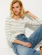 Marks & Spencer Cotton Rich Striped Fitted T-shirt Buff Mix