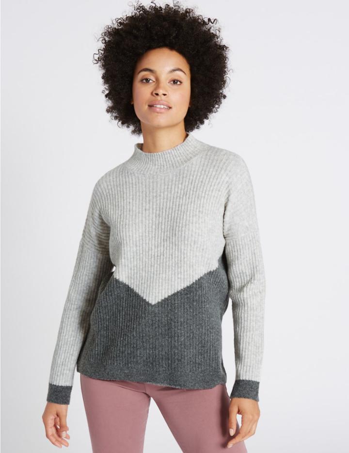 Marks & Spencer Colour Block Drop Shoulder Jumper Silver Grey