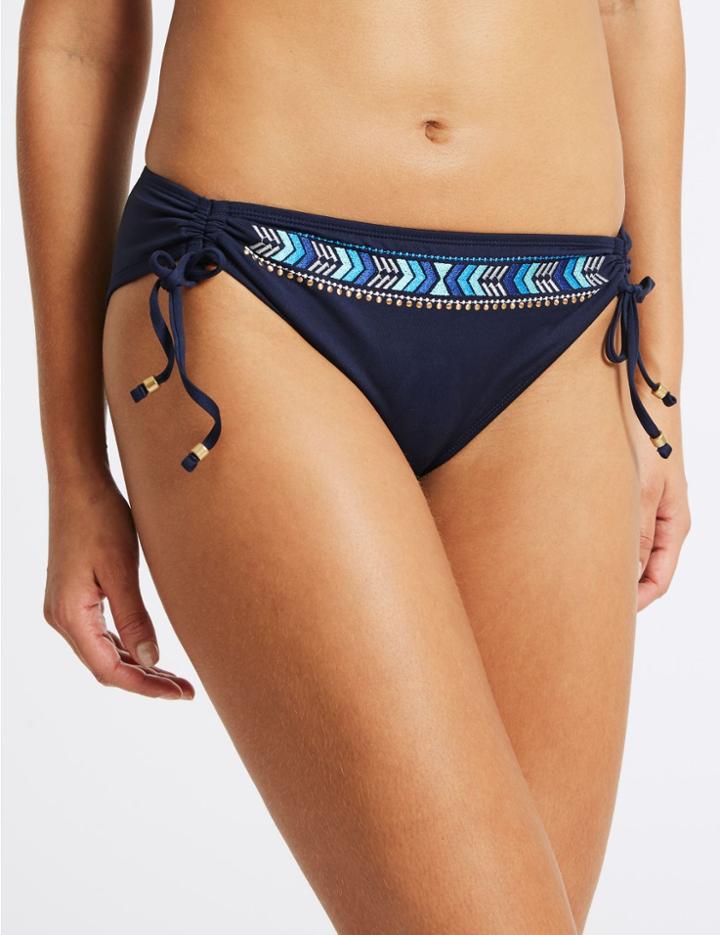 Marks & Spencer Embroidered Hipster Bikini Bottoms Blue Mix