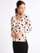 Marks & Spencer Heart Print V-neck Jumper Light Pink Mix