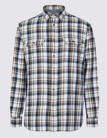 Marks & Spencer Pure Cotton Checked Shirt With Pockets Ecru Mix