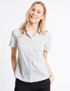 Marks & Spencer Cotton Rich Spotted Short Sleeve Shirt White Mix