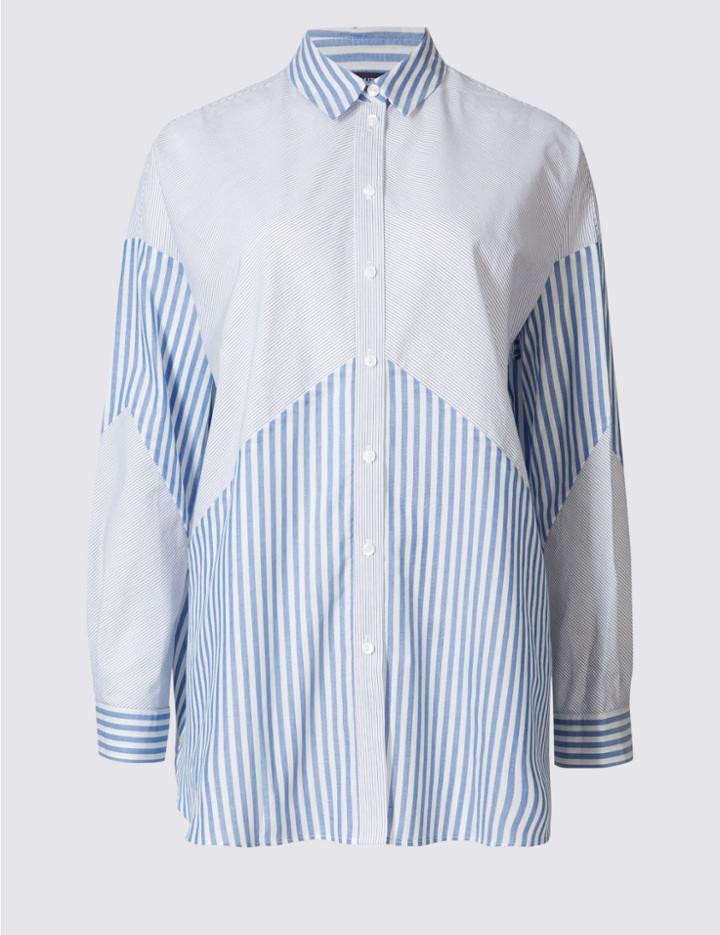 Marks & Spencer Pure Cotton Mix Stripe Long Sleeve Shirt Blue Mix