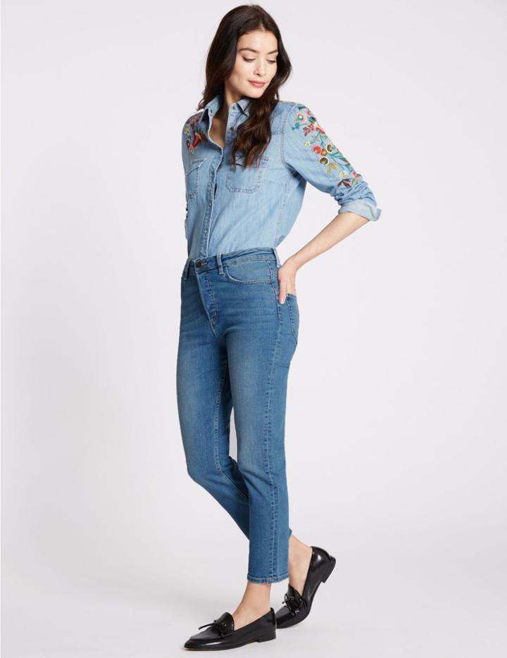 Marks & Spencer Button Fly Mid Rise Cropped Jeans Medium Indigo