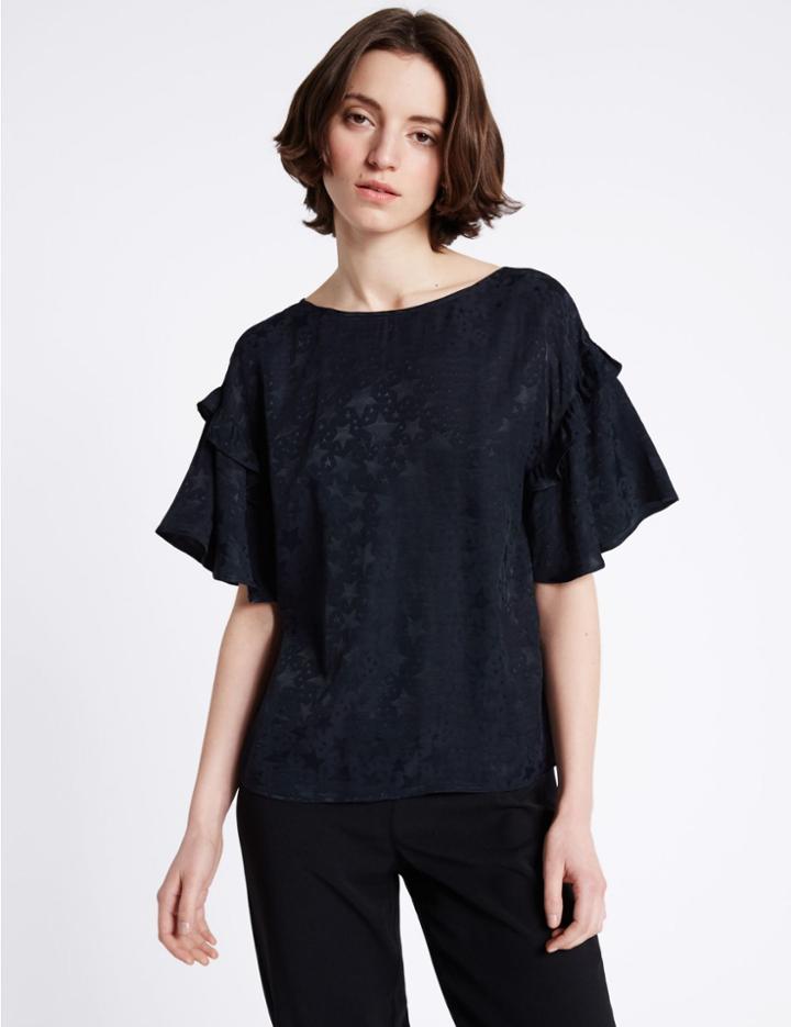 Marks & Spencer Star Textured Round Neck Half Sleeve Blouse Navy