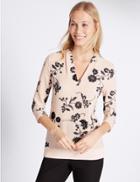 Marks & Spencer 3/4 Sleeve Floral Print Jersey Top Light Pink Mix