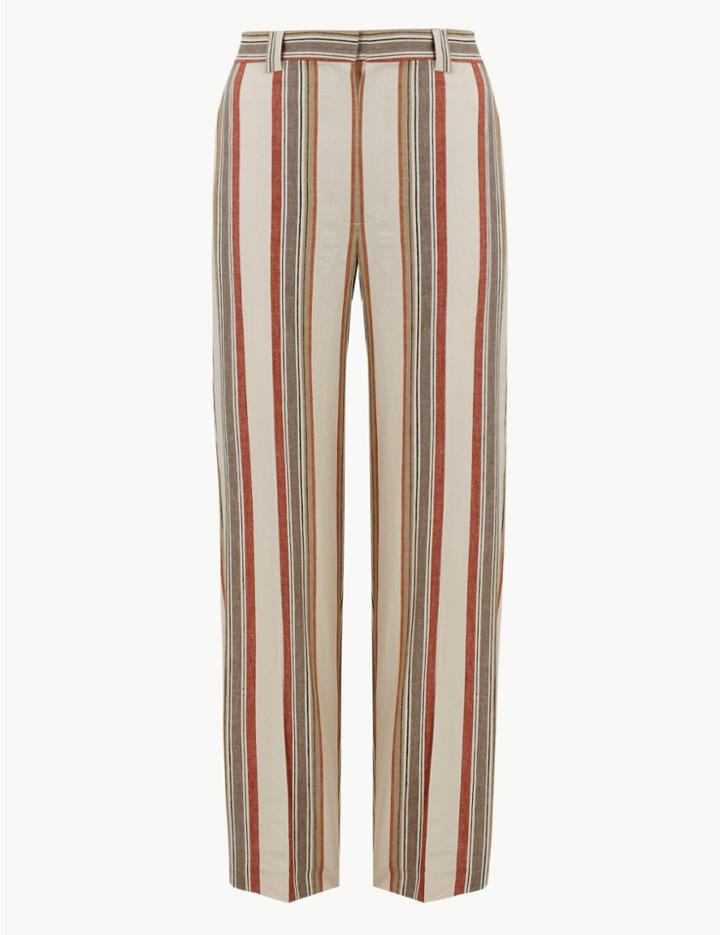 Marks & Spencer Linen Rich Striped Straight Leg Trousers Neutral