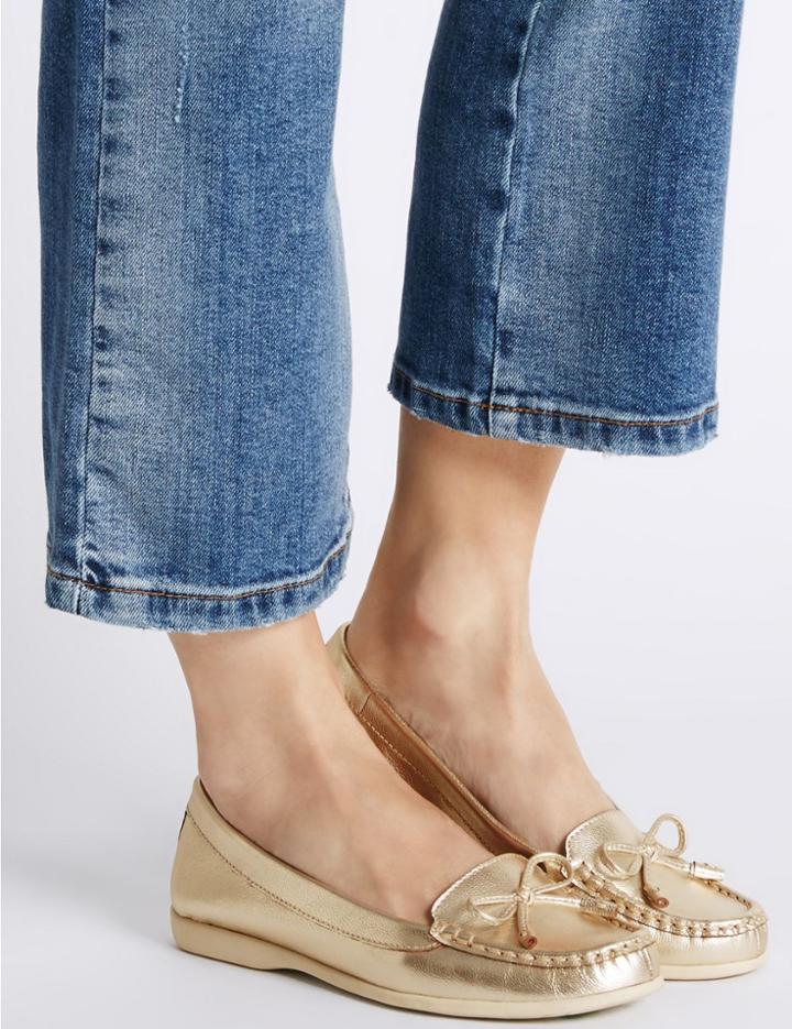 Marks & Spencer Leather Low Heel Bow Boat Shoes Gold