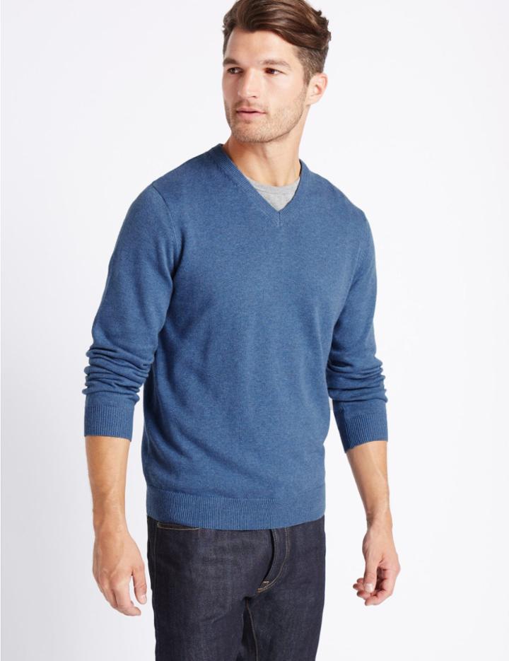 Marks & Spencer Pure Cotton V-neck Jumper Light Denim