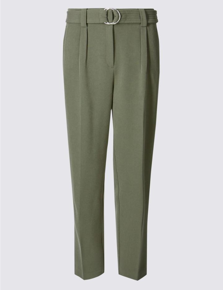 Marks & Spencer Pleated Belt Front Tapered Leg Trousers Khaki