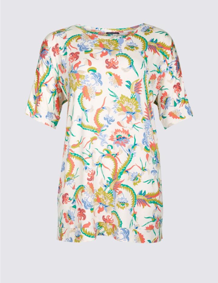 Marks & Spencer Curve Floral Print Long Sleeve Top Ivory Mix
