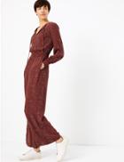 Marks & Spencer Polka Dot Tie Neck Waisted Jumpsuit Dark Red Mix