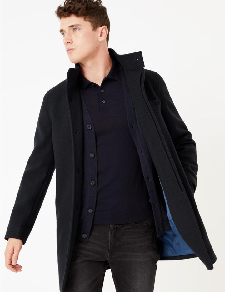 Marks & Spencer Tailored Fit Funnel Neck Overcoat Navy