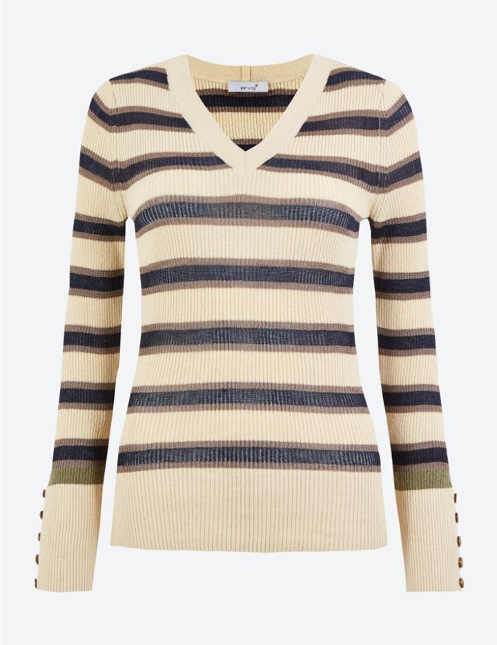 Marks & Spencer Striped V-neck Jumper Ivory Mix
