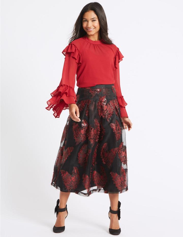 Marks & Spencer Feather Flared Jacquard A-line Midi Skirt Black Mix