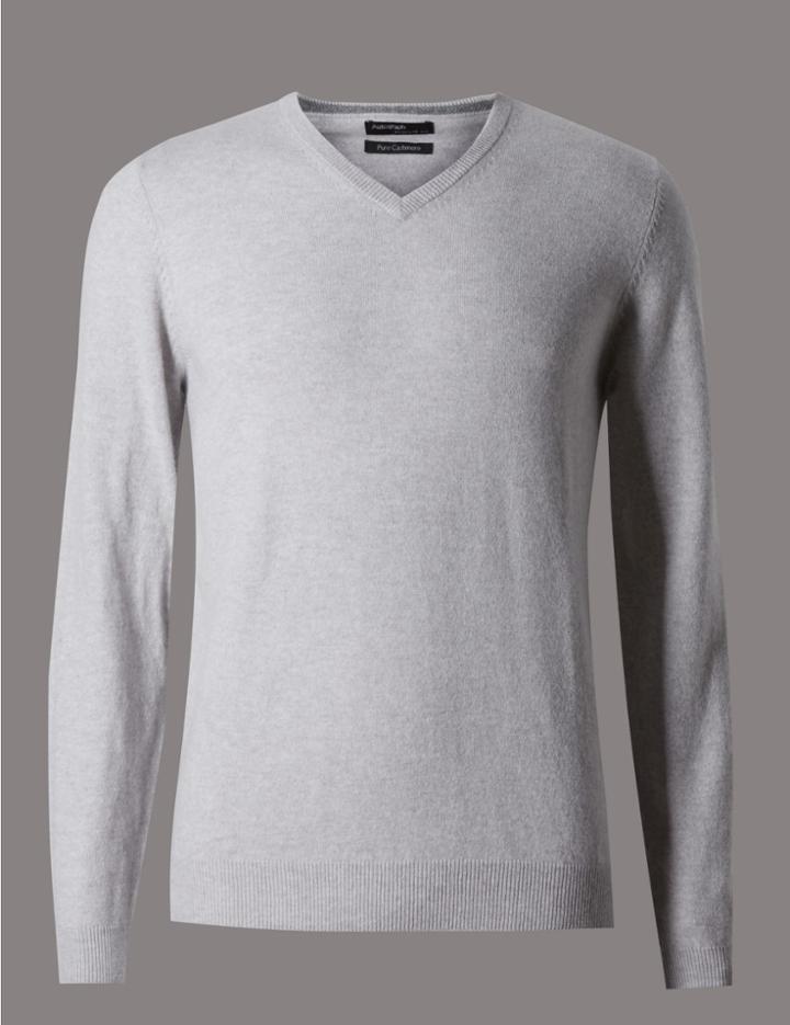Marks & Spencer Pure Cashmere V-neck Jumper Silver Grey