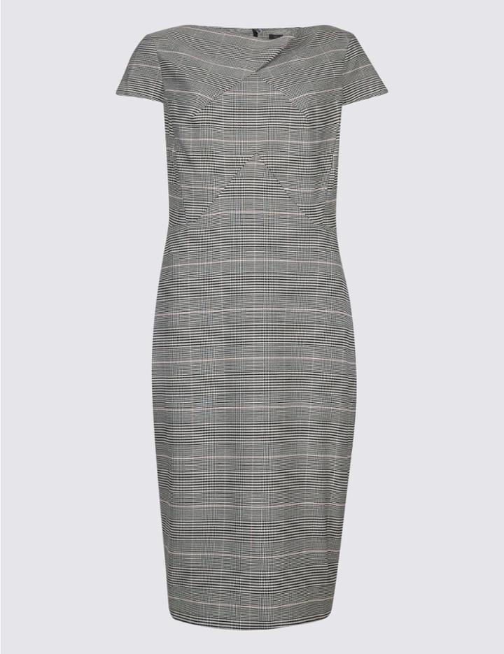 Marks & Spencer Checked Short Sleeve Pencil Dress Pink Mix
