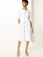 Marks & Spencer Pure Cotton 3/4 Sleeve Midi Waisted Dress Soft White