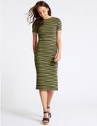 Marks & Spencer Cotton Rich Striped Bodycon Midi Dress Green Mix