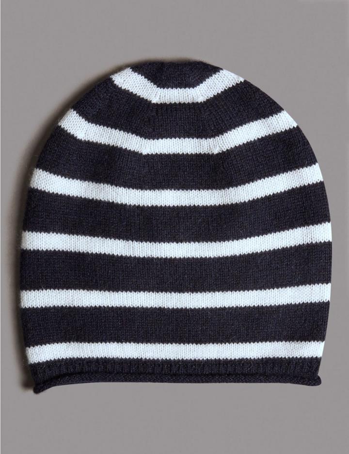 Marks & Spencer Pure Cashmere Striped Beanie Navy Mix