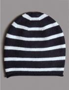Marks & Spencer Pure Cashmere Striped Beanie Navy Mix