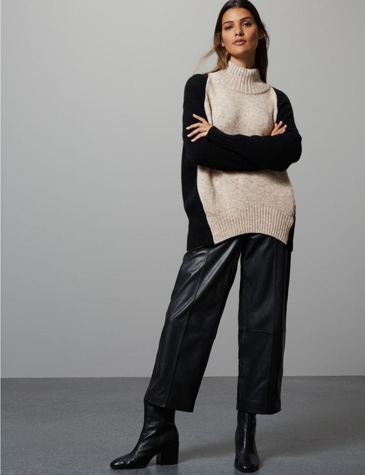 Marks & Spencer Wool Blend Colour Block Turtle Neck Jumper Black Mix