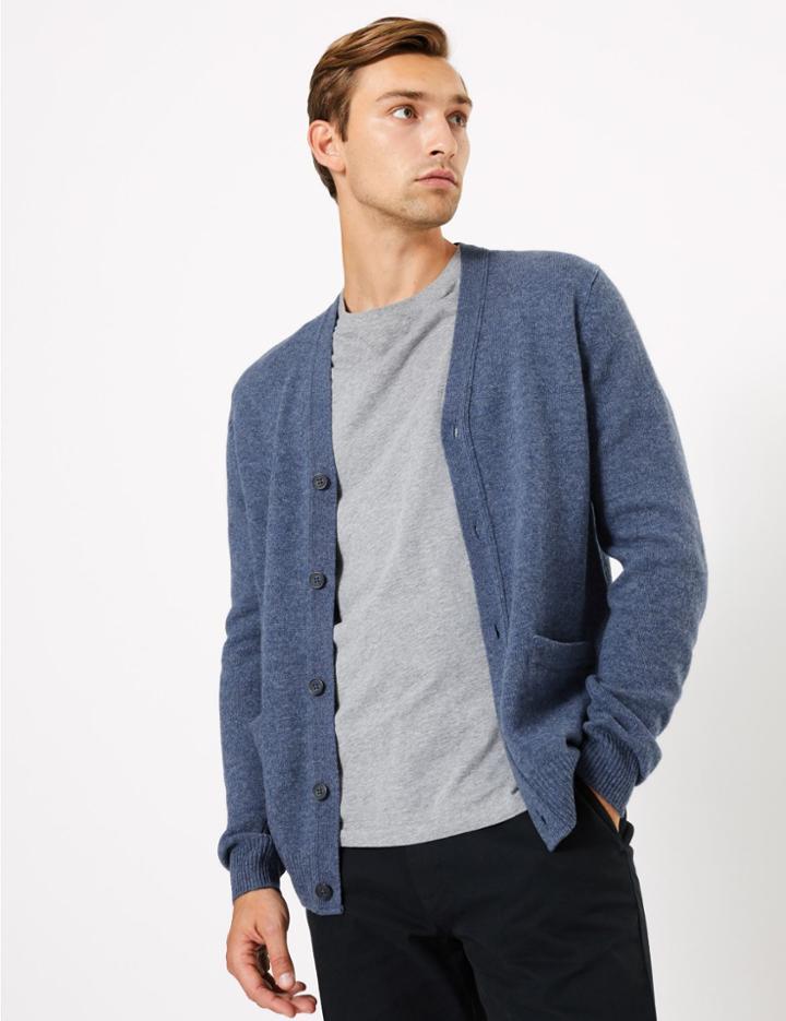 Marks & Spencer Pure Lambswool V Neck Cardigan Denim