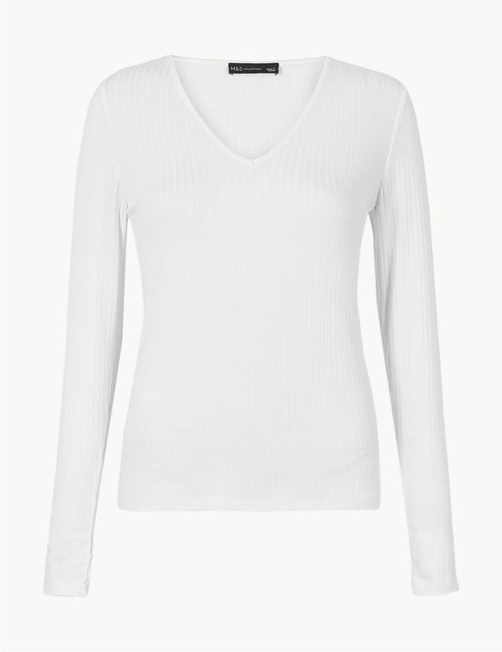 Marks & Spencer Ribbed V Neck Long Sleeve Fitted Top Ivory