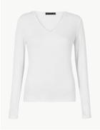 Marks & Spencer Ribbed V Neck Long Sleeve Fitted Top Ivory