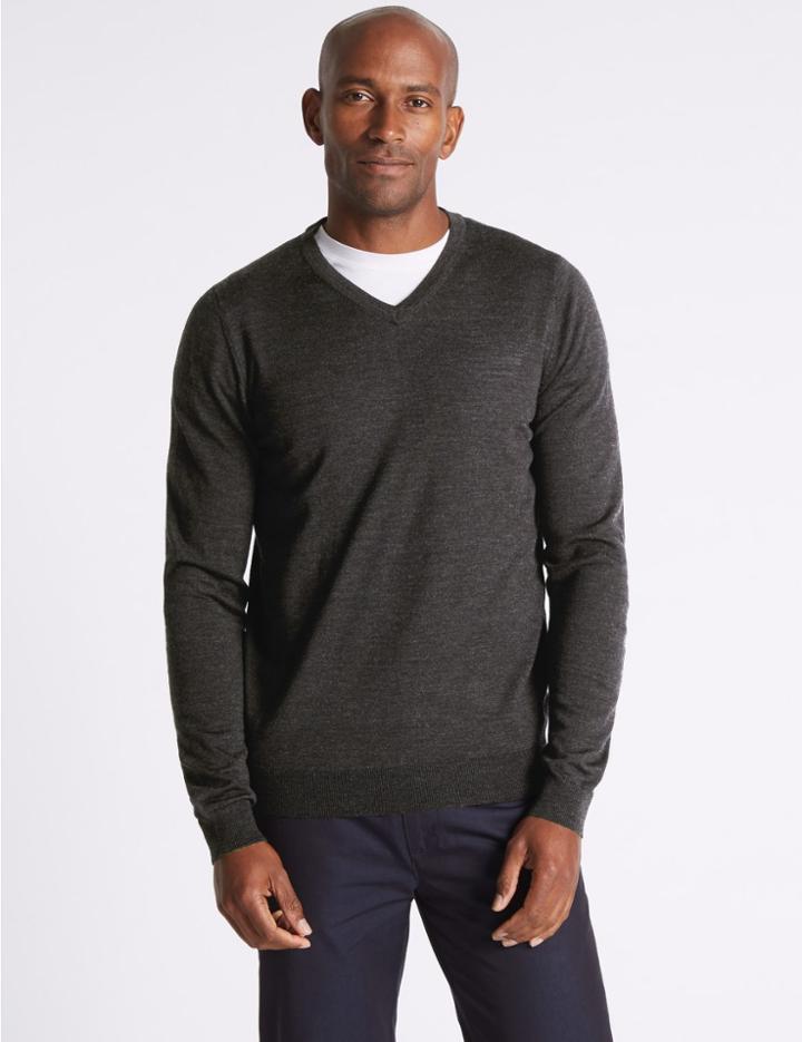 Marks & Spencer Pure Merino Wool V-neck Jumper Charcoal