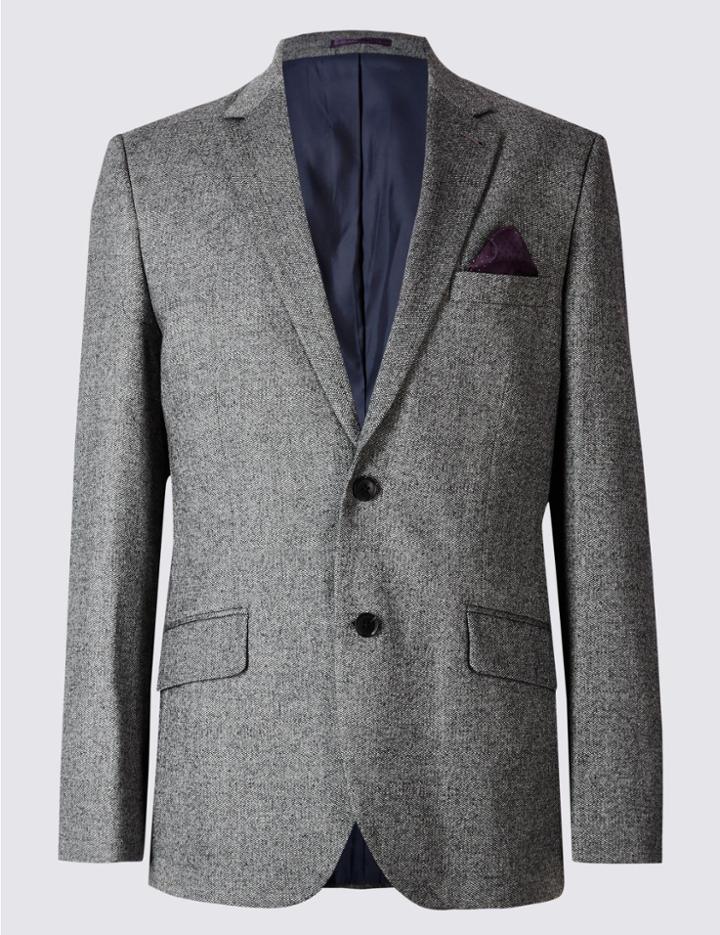 Marks & Spencer Pure Wool Tailored Fit Herringbone Jacket Grey Mix