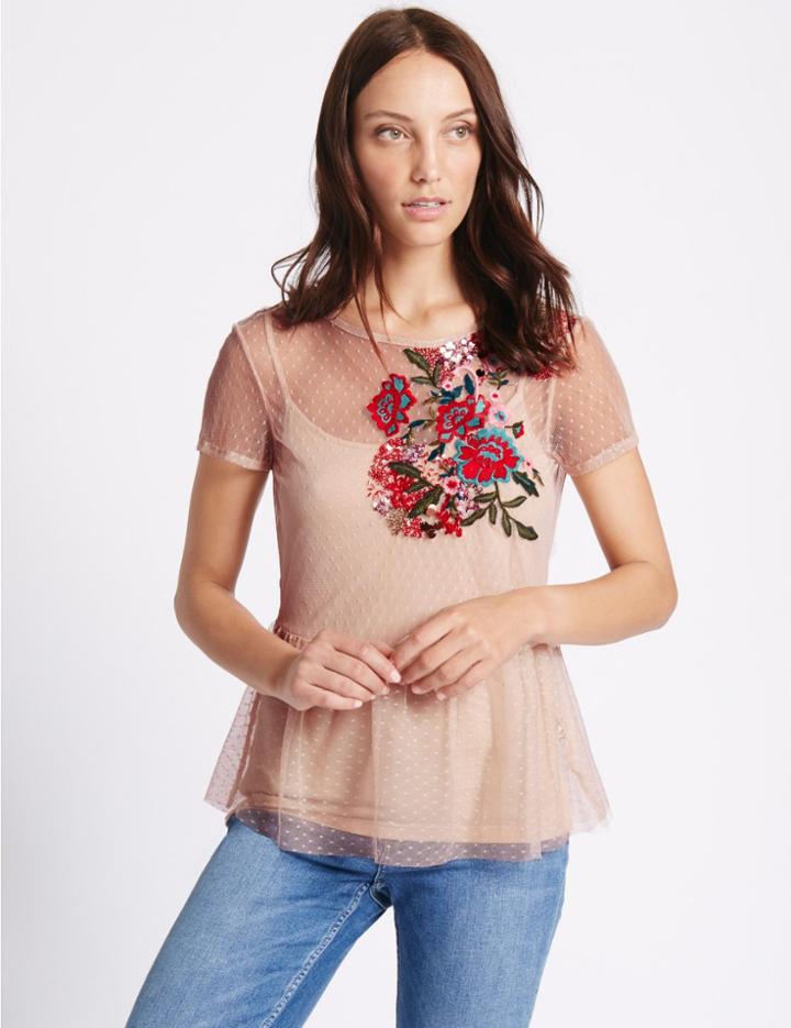 Marks & Spencer Embroidered Layer Mesh Peplum T-shirt Blush