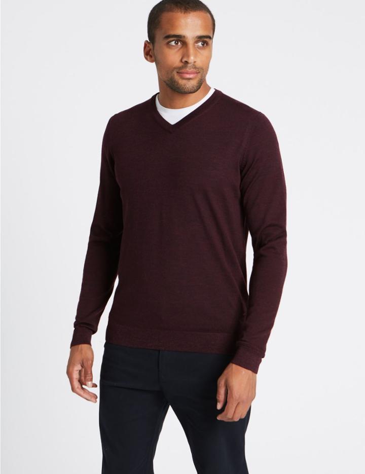 Marks & Spencer Pure Merino Wool V-neck Jumper Aubergine