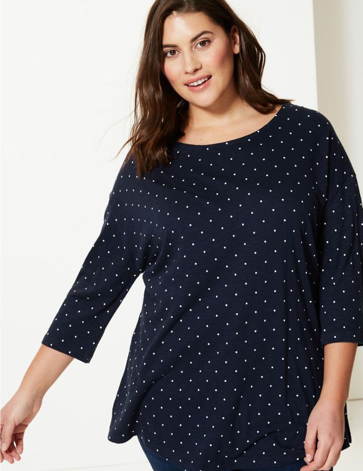 Marks & Spencer Curve Polka Dot 3/4 Sleeve T-shirt Navy Mix