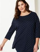Marks & Spencer Curve Polka Dot 3/4 Sleeve T-shirt Navy Mix