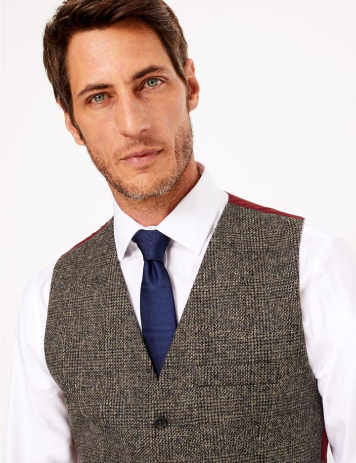 Marks & Spencer Pure Wool Prince Of Wales Checked Waistcoat Neutral