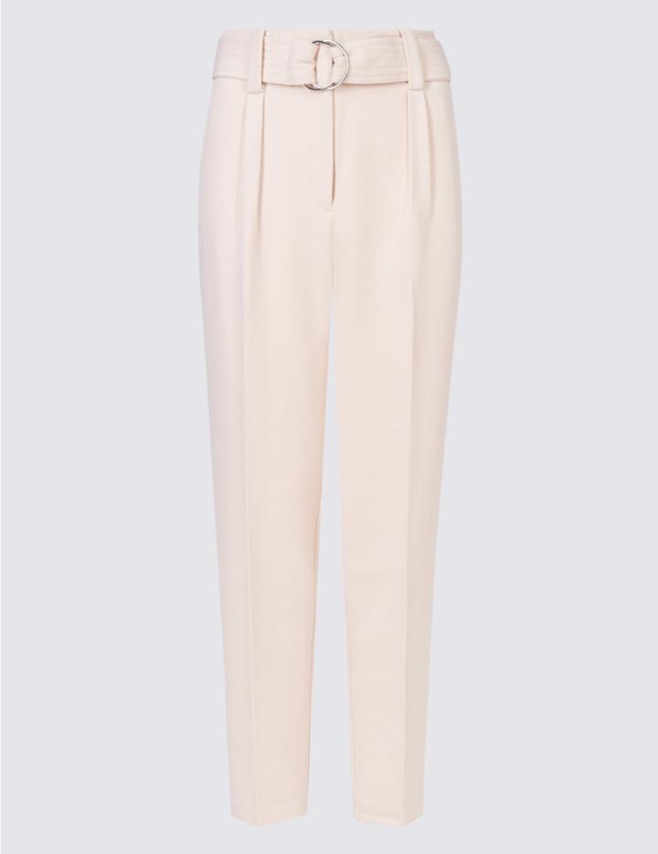 Marks & Spencer Pleated Belt Front Tapered Leg Trousers Pale Pink