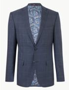 Marks & Spencer Blue Checked Tailored Fit Wool Jacket Blue