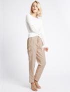 Marks & Spencer Cotton Blend Striped Tapered Leg Trousers Peach