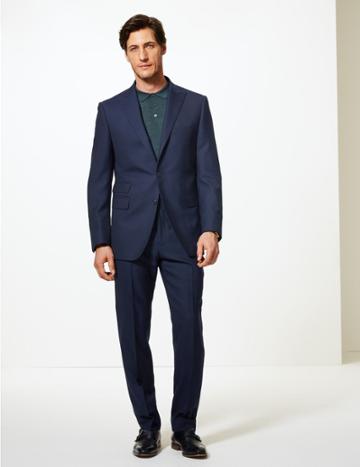 Marks & Spencer Blue Textured Tailored Fit Wool Jacket Blue